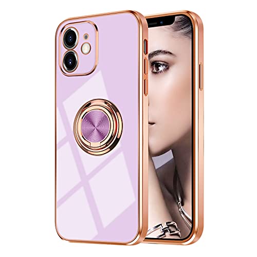 Omorro for Rose Gold iPhone 11 Case for Women Girls Kickstand Ring Holder 360 TPU Rotation Rings Cases with Stand Glitter Plating Edge Work with Magnetic Mount Slim Luxury Case Girly Cover Case Purple - Image 2