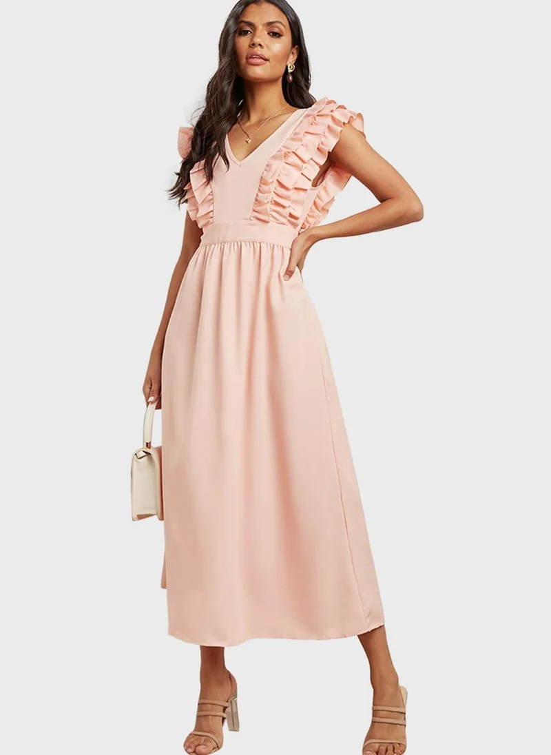 Styli V-Neck Ruffle Detail Dress