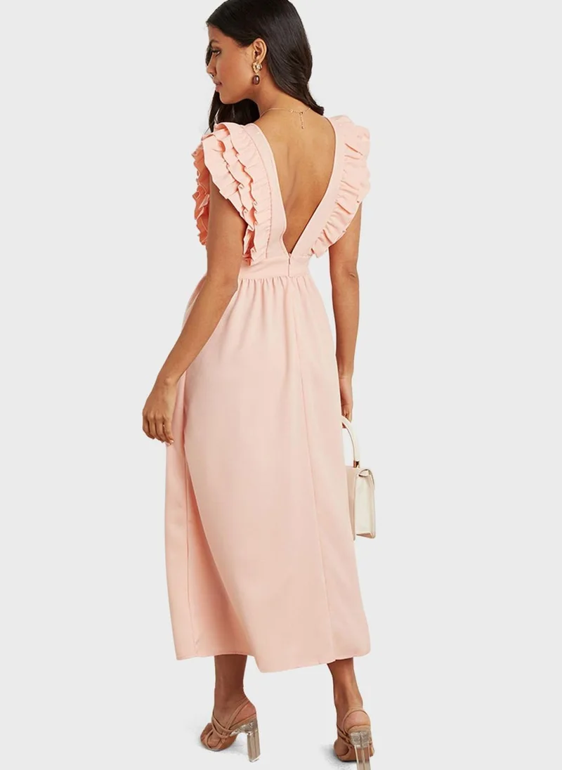 Styli V-Neck Ruffle Detail Dress