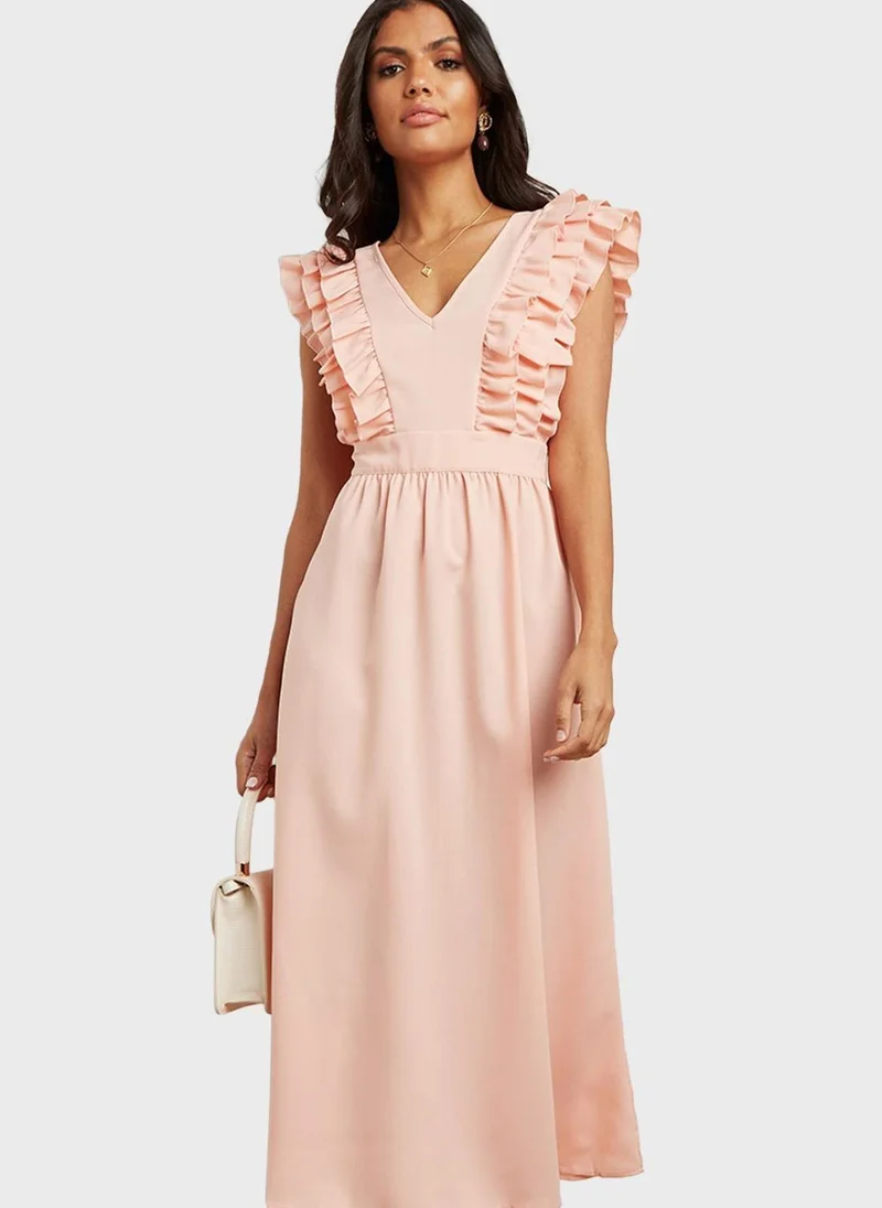 Styli V-Neck Ruffle Detail Dress