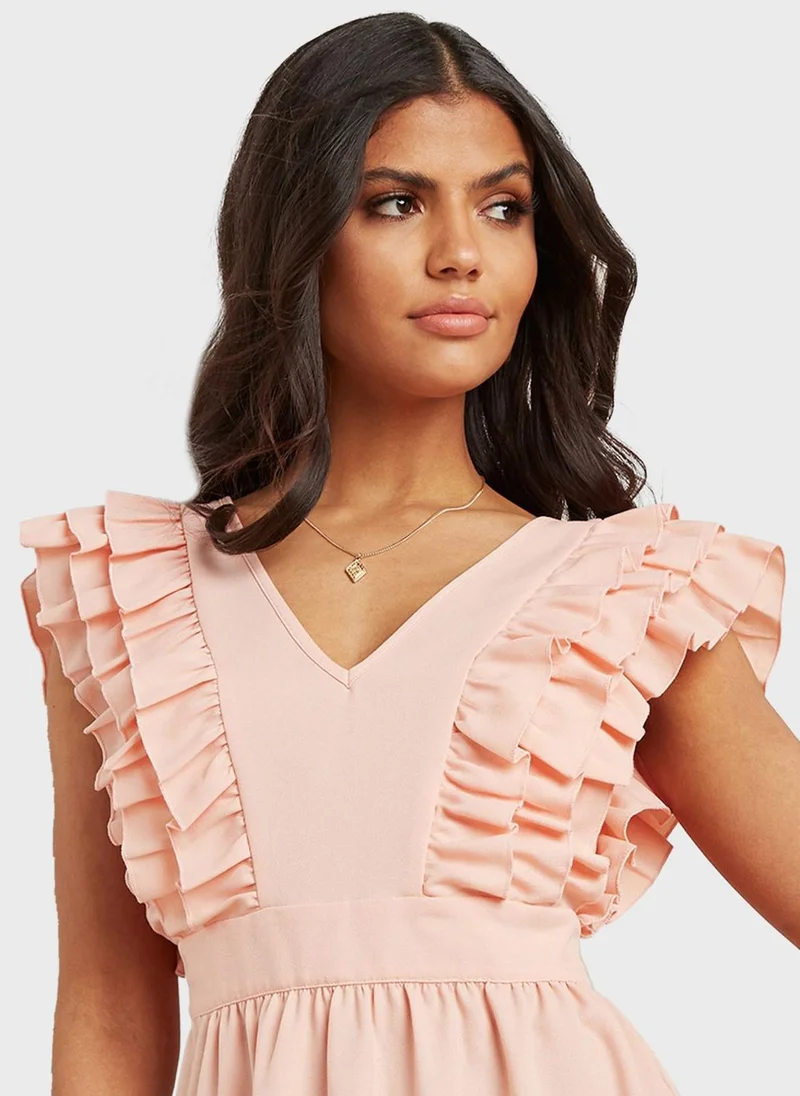 Styli V-Neck Ruffle Detail Dress