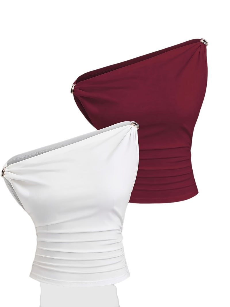 Women's Fashion New Style Pleated Off-Shoulder Versatile Decorative Top, Elegant Casual T-shirt for Outings, Suitable for Spring and Summer, 2pcs Set - Image 1