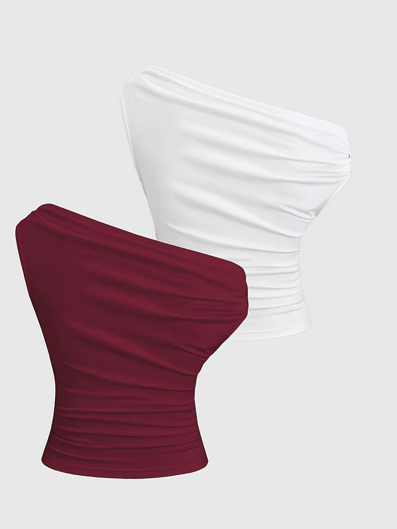 Women's Fashion New Style Pleated Off-Shoulder Versatile Decorative Top, Elegant Casual T-shirt for Outings, Suitable for Spring and Summer, 2pcs Set - Image 2