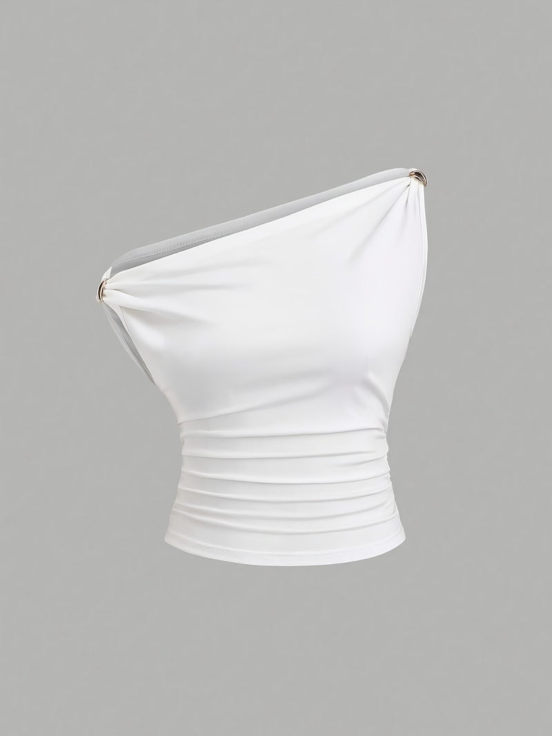 Women's Fashion New Style Pleated Off-Shoulder Versatile Decorative Top, Elegant Casual T-shirt for Outings, Suitable for Spring and Summer, 2pcs Set - Image 3