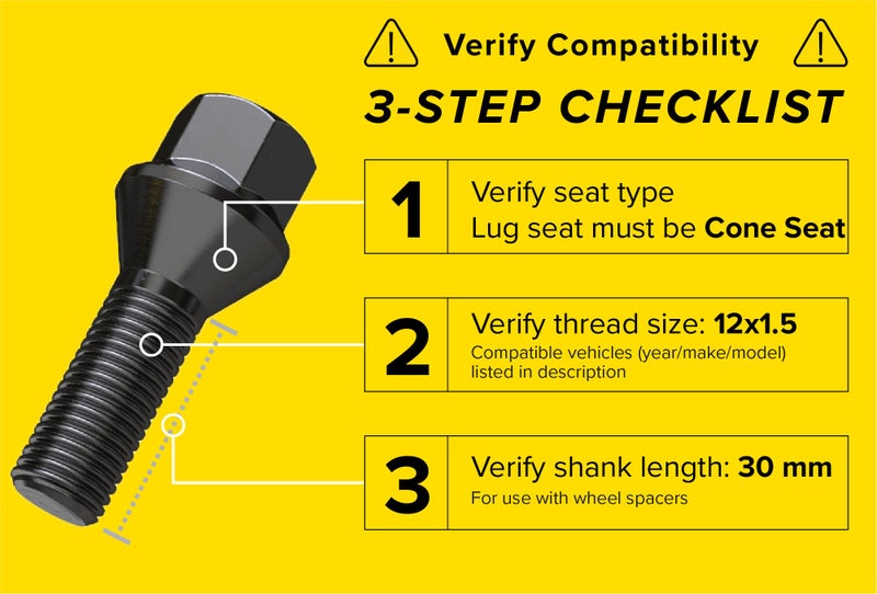 StanceMagic 10pcs Extended Black 12x1.5 Lug Bolts (30mm Shank Length, Cone Seat) Not OEM Length - Compatible with BMW 128i 135i 318i 320i 325i 328i 335i M3 525i 528i 530i 535i M5 Z3 Z4 E36 E46 E60 E90 E92 E93 - Image 2