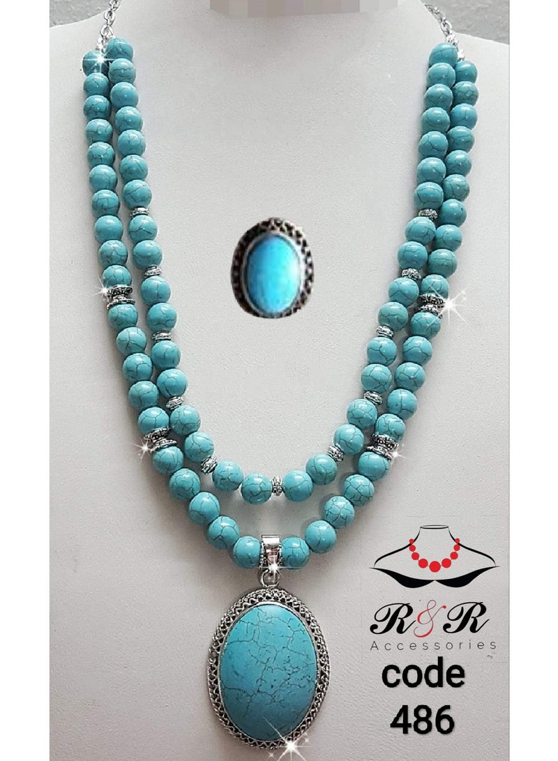 R&R Women's necklace and ring set of natural turquoise and plated copper
