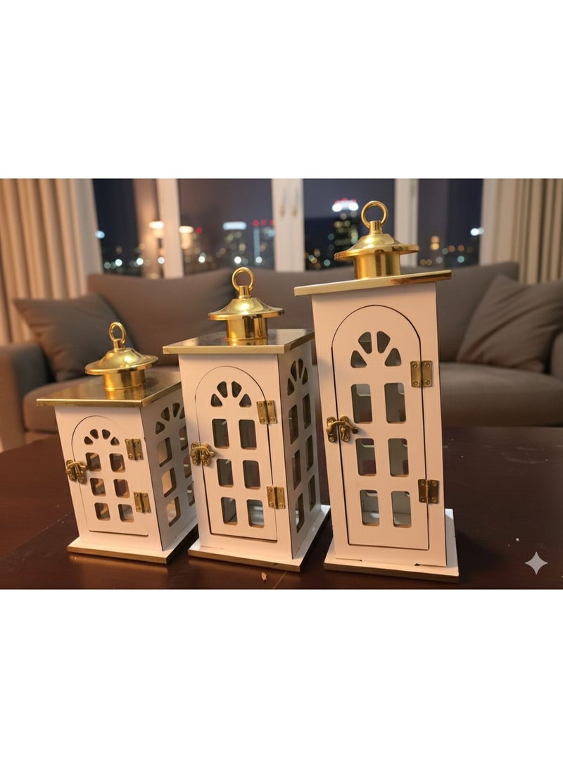 3 فانوس رمضان خشب ابيض في ذهبي مقاسات مختلفة طقم ديكور فاخر للاحتفال - Image 2