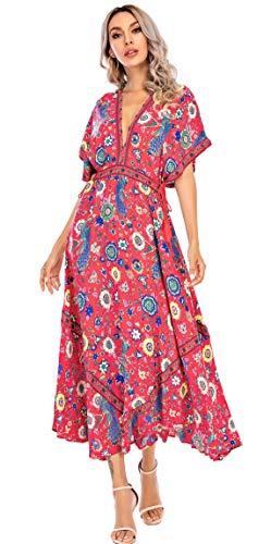 R.Vivimos Women Summer Print Deep V Neck Cotton Beach Midi Dresses (XL, Red) - Image 3