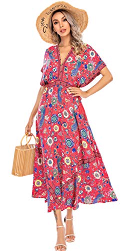 R.Vivimos Women Summer Print Deep V Neck Cotton Beach Midi Dresses (XL, Red) - Image 1