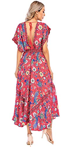 R.Vivimos Women Summer Print Deep V Neck Cotton Beach Midi Dresses (XL, Red) - Image 2