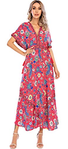 R.Vivimos Women Summer Print Deep V Neck Cotton Beach Midi Dresses (XL, Red) - Image 5