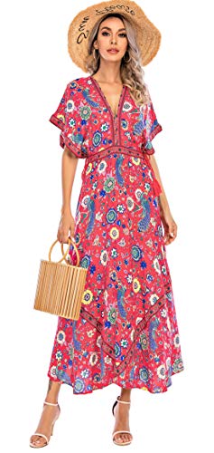 R.Vivimos Women Summer Print Deep V Neck Cotton Beach Midi Dresses (XL, Red) - Image 4