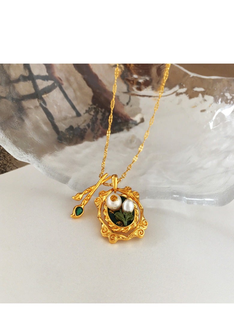 French Painted Oil Painting Wind Flowers Freshwater Pearl Stud Earrings Necklace Femininity Vintage Abstract Drawing Board Art Modeling Earrings Clavicle Chain - Image 3