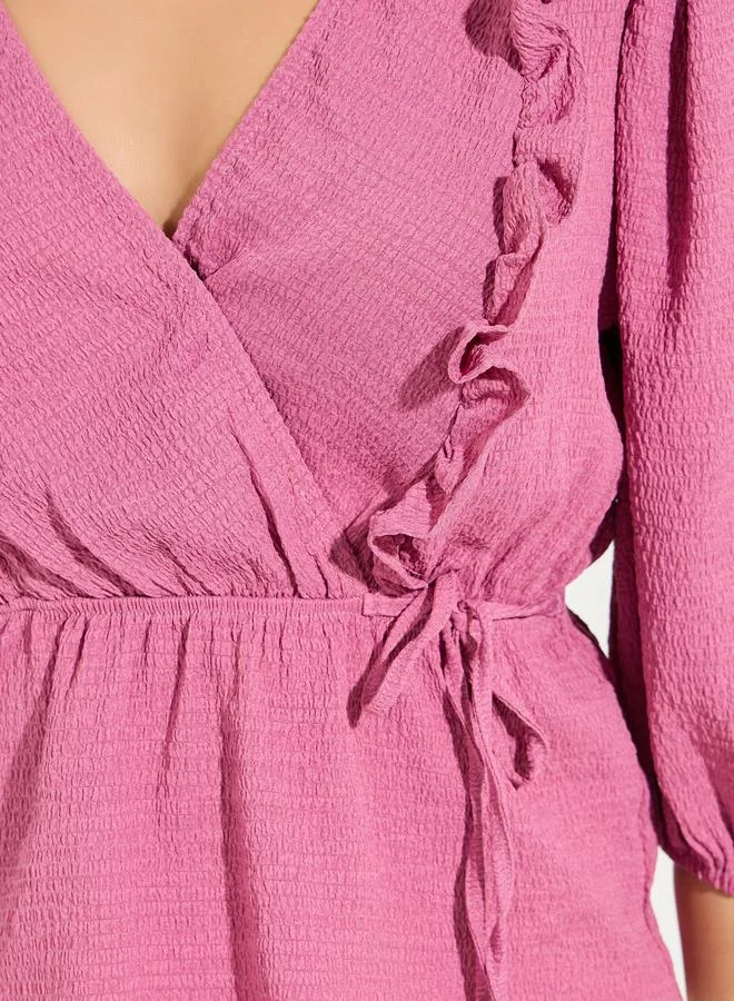 Styli Solid Textured Wrap Top with Ruffle & Tie Detail