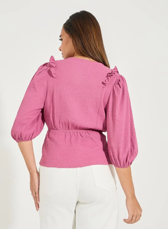 Styli Solid Textured Wrap Top with Ruffle & Tie Detail