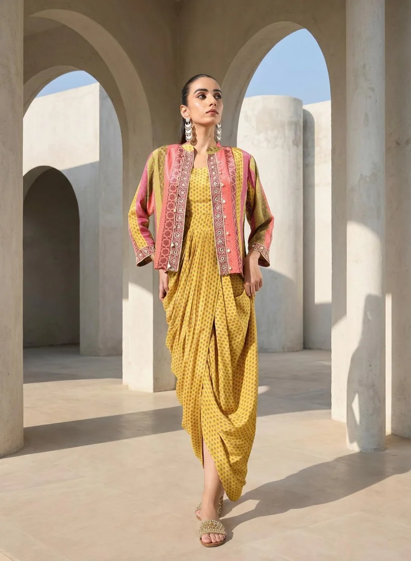 Mustard Poly Embroidered Relaxed Fit And Flared Kaftan & Full Length Palazzo Co-Ords For Women