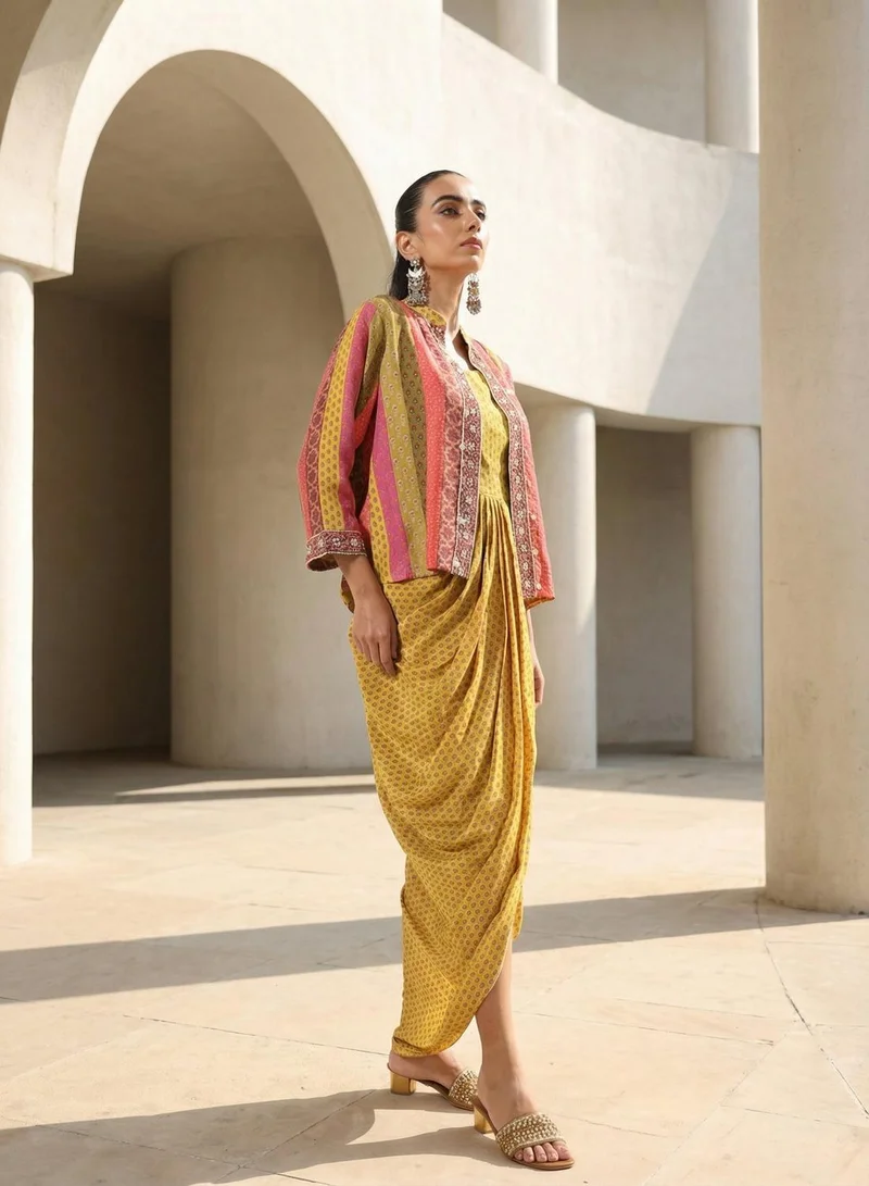 آي شين Mustard Poly Embroidered Relaxed Fit And Flared Kaftan & Full Length Palazzo Co-Ords For Women