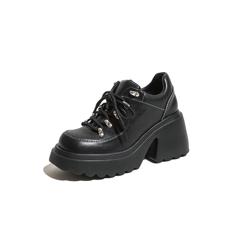 Sweet Cool Spice Girl High Heeled Leather Shoes Women'S Black Thick Bottom Platform Shoes Lace-Up Slim Height Increasing British Style Single Shoes Women - Image 1