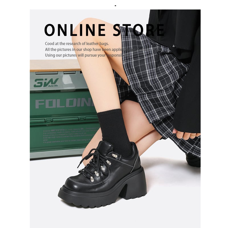 Sweet Cool Spice Girl High Heeled Leather Shoes Women'S Black Thick Bottom Platform Shoes Lace-Up Slim Height Increasing British Style Single Shoes Women - Image 2