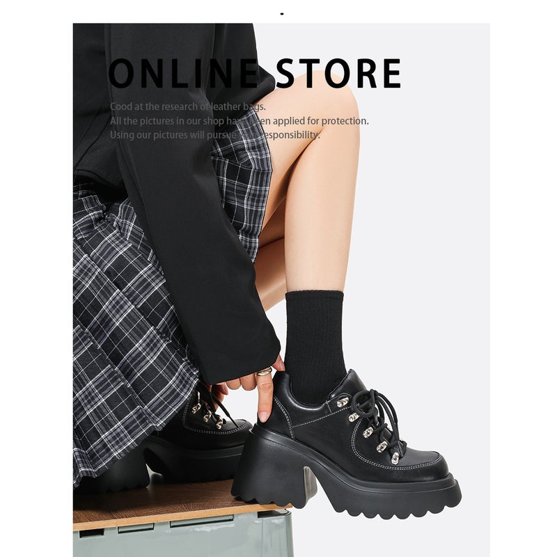 Sweet Cool Spice Girl High Heeled Leather Shoes Women'S Black Thick Bottom Platform Shoes Lace-Up Slim Height Increasing British Style Single Shoes Women - Image 4
