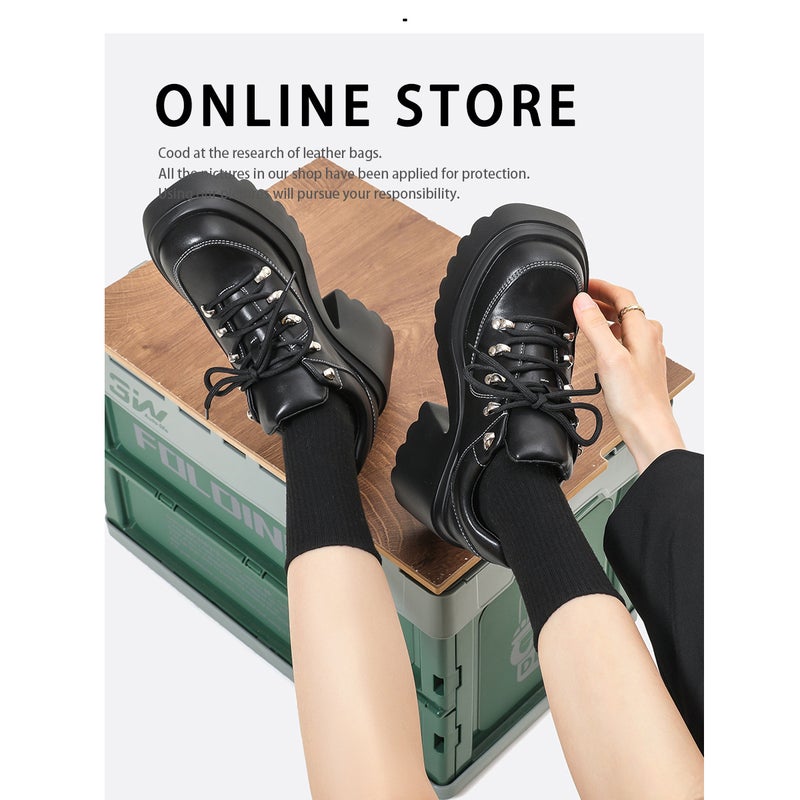 Sweet Cool Spice Girl High Heeled Leather Shoes Women'S Black Thick Bottom Platform Shoes Lace-Up Slim Height Increasing British Style Single Shoes Women - Image 5