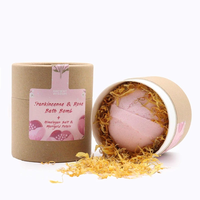 Blooming Pink Bliss Aromatherapy Set Frankincense Rose Bath Bomb Himalayan Bath Salt with Marigold Petals EcoFriendly Packaging Handmade in The UK