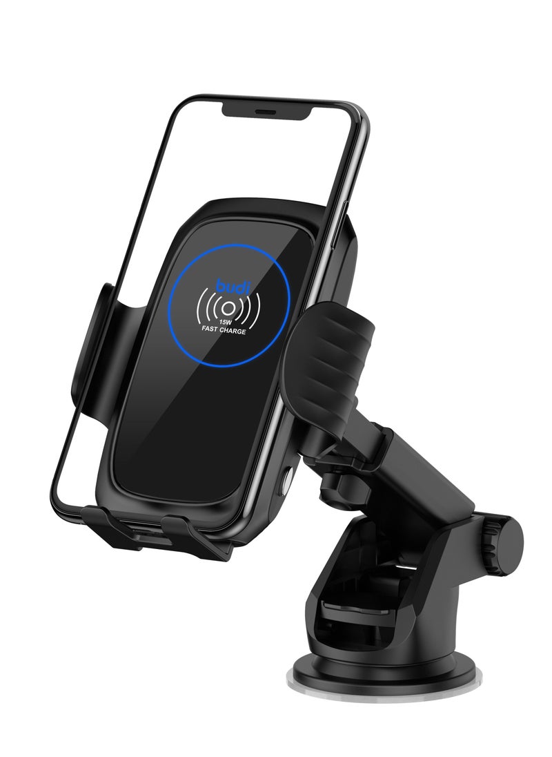 budi 2 in 1 Car Mount Holder with Smart Sensor 15W Qi Charging Pad Mobile Phone Fast Wireless Charger (502)  Black  - Image 4