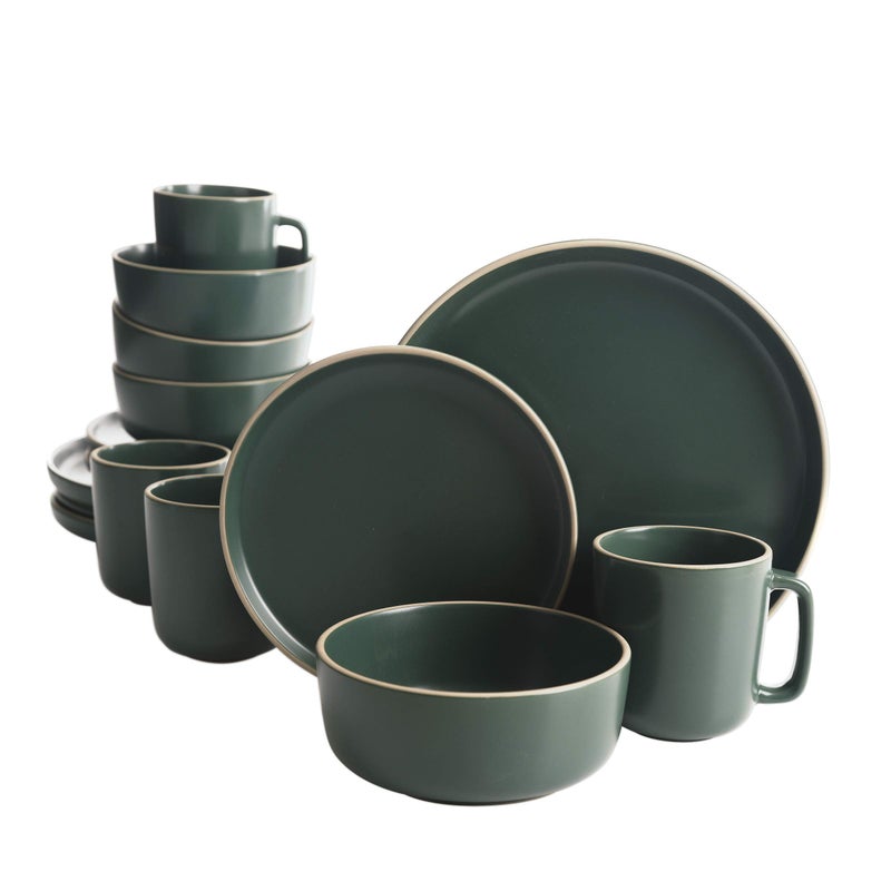 Gibson Home Zuma 16 Piece Round Kitchen Dinnerware Set Dishes Plates Bowls Mugs Service for 4 Matte Stoneware Green