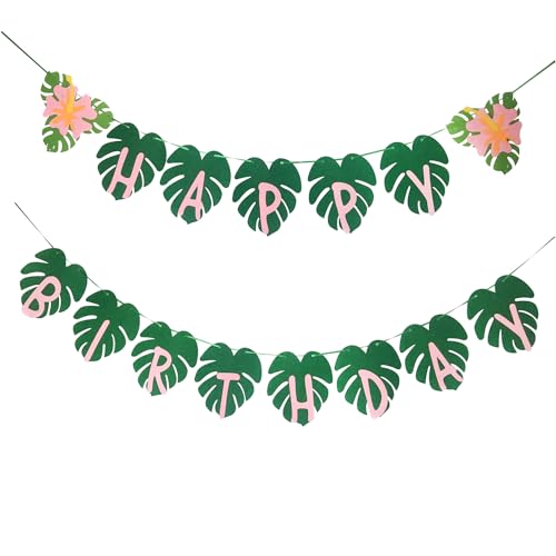 OU RUI Hawaiian Party Happy Birthday Banner for Tropical Luau Party Palm Leaf Decorations - Image 1