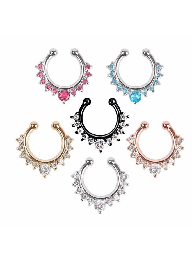 XUKEKOY 6pcs Fake Septum Clicker Nose Ring Rhinestone Non Piercing Hanger Clip Body Jewelry - Image 1
