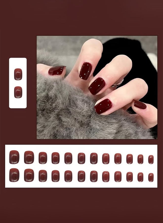Jamal 24-Piece Burgundy Fake Nails, Wearable False Nails, Short Style, Versatile, Removable, No Damage to Nails, Finished Nails,With Nail Tools - Image 1