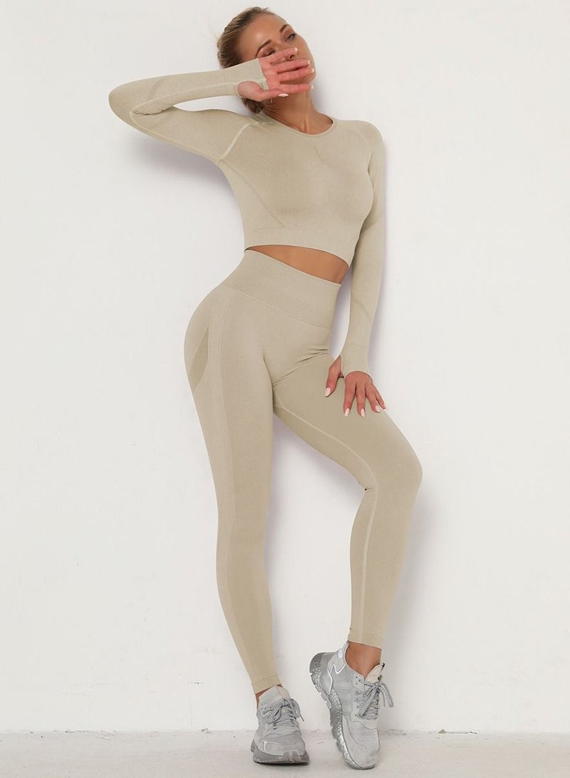 Loquat High Waist Tight-Fitting Sports Set Beige  - Image 3