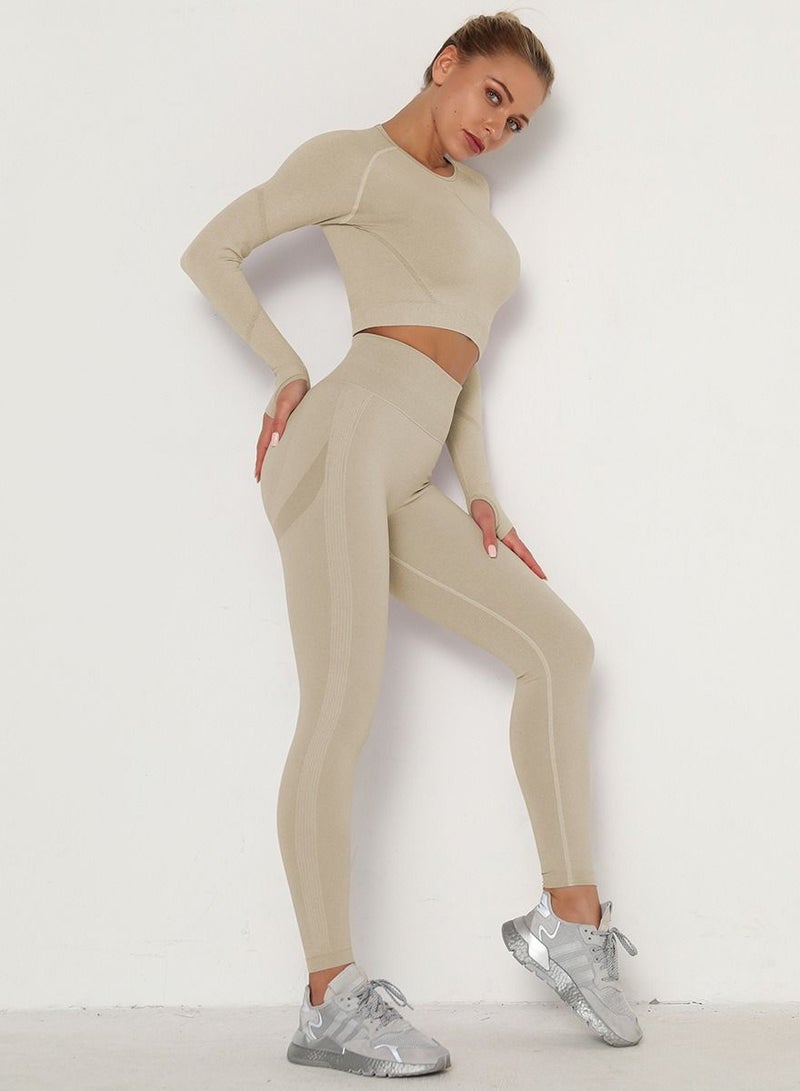 Loquat High Waist Tight-Fitting Sports Set Beige  - Image 1