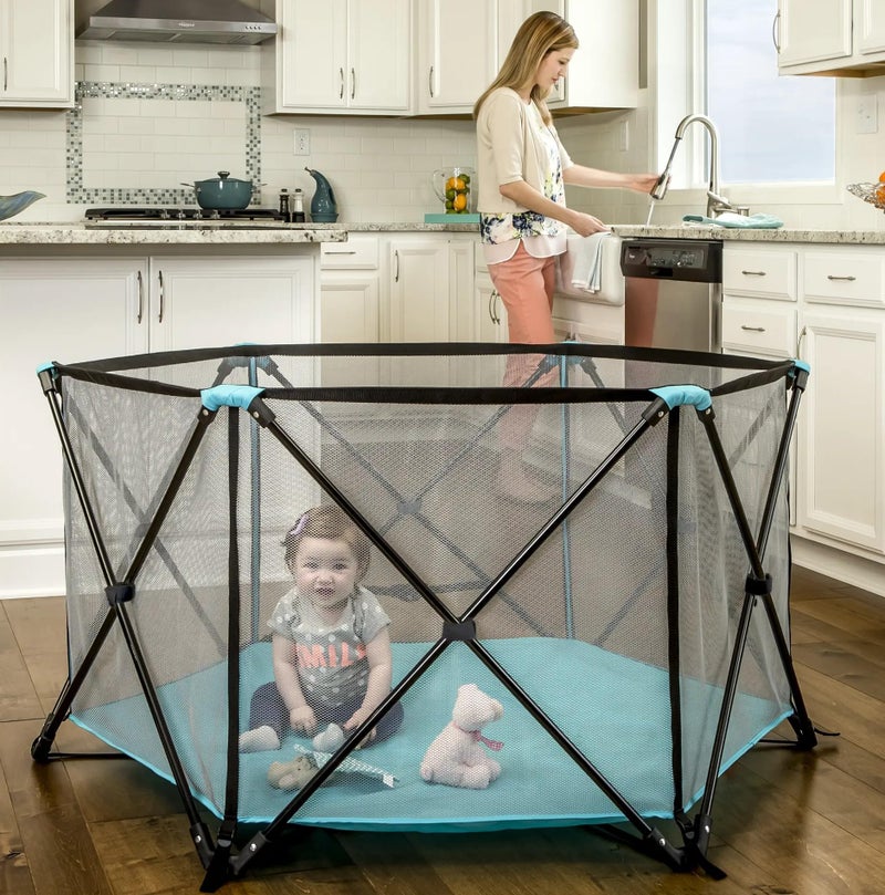 Regalo Safety My Play Portable Baby Play Yard & Playpen, 6-Panel Indoor & Outdoor Playpen with Mesh Sides, Foldable, Washable Fabric, 48-Inch, Aqua, Tested & Safe, American Designed & Family Owned - Image 1