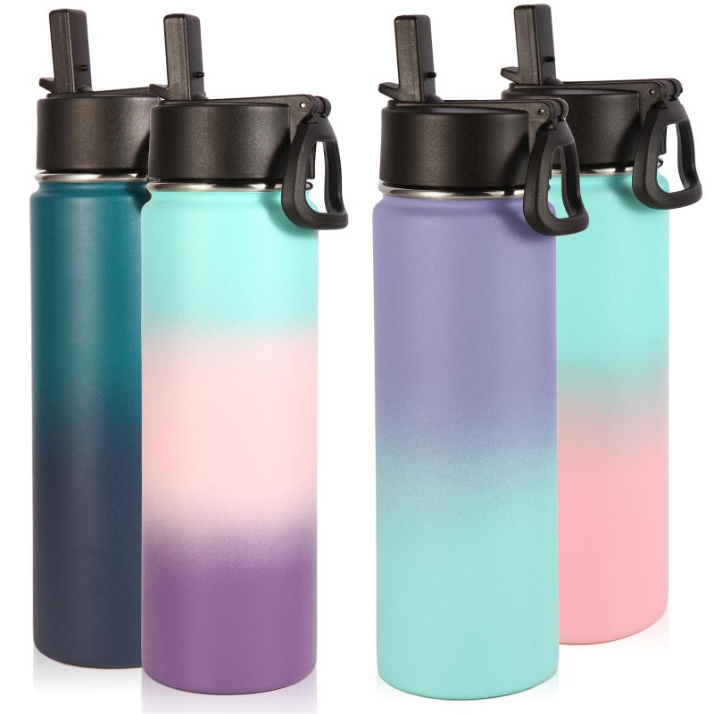 Volhoply Insulated Water Bottles with Straw Bulk 4 Pack, 22 oz Stainless Steel Sports Bottle with Lid,Metal Travel Water Cups with Wide Mouth, Reusable Cold Water Flask for Hiking(Assorted,4 Set) - Image 1