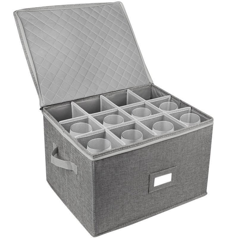 LotFancy Stemware Storage Container, Hard Shell, Stackable Wine Glass Storage Box with Dividers & Handles, Crystal Glassware, Champagne Flute, Drinkware Case for Moving, Grey - Image 1