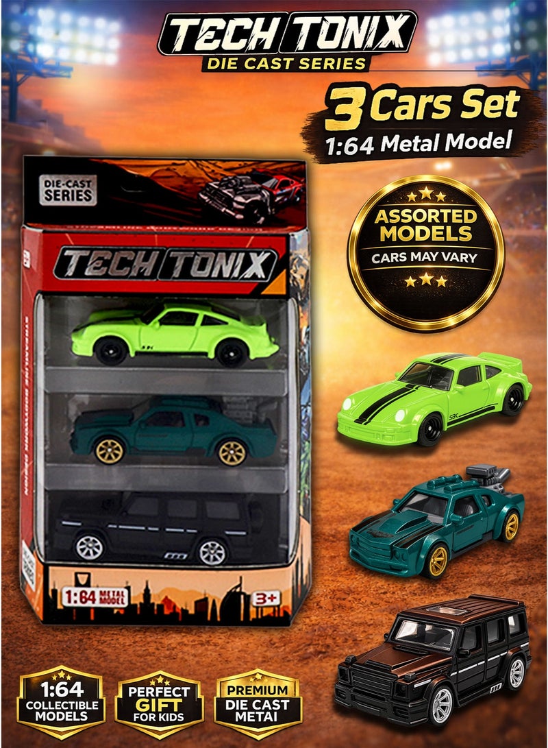 TECHTONICS TechTonix Die Cast Metal Toy Cars Set 3 Pieces 1:64 Scale Mini Racing Cars Collectible Diecast Vehicle Set Metal Model Sports Cars Toy Cars for Kids Boys Girls Assorted Models Mini Car Collection Gift Toy Vehicle Set - Image 1