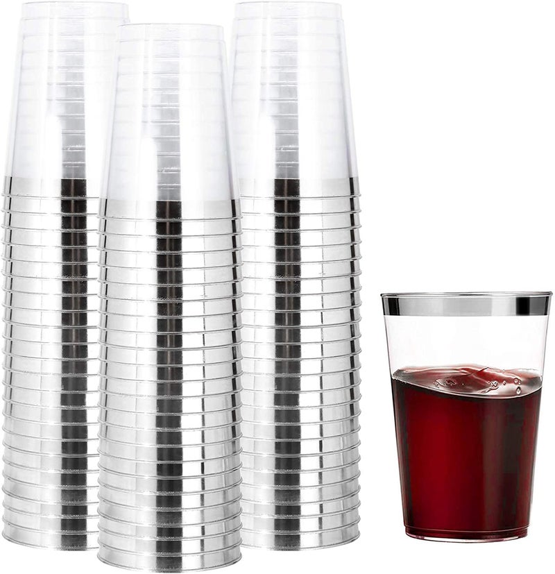 LATERN 50Pcs Silver Rimmed Plastic Cups 360ml Plastic Tumblers Reusable Drink Cups Elegant Party Wine Glasses for Champagne Beer Cocktail Martini Soda Dessert 105 x 75cm