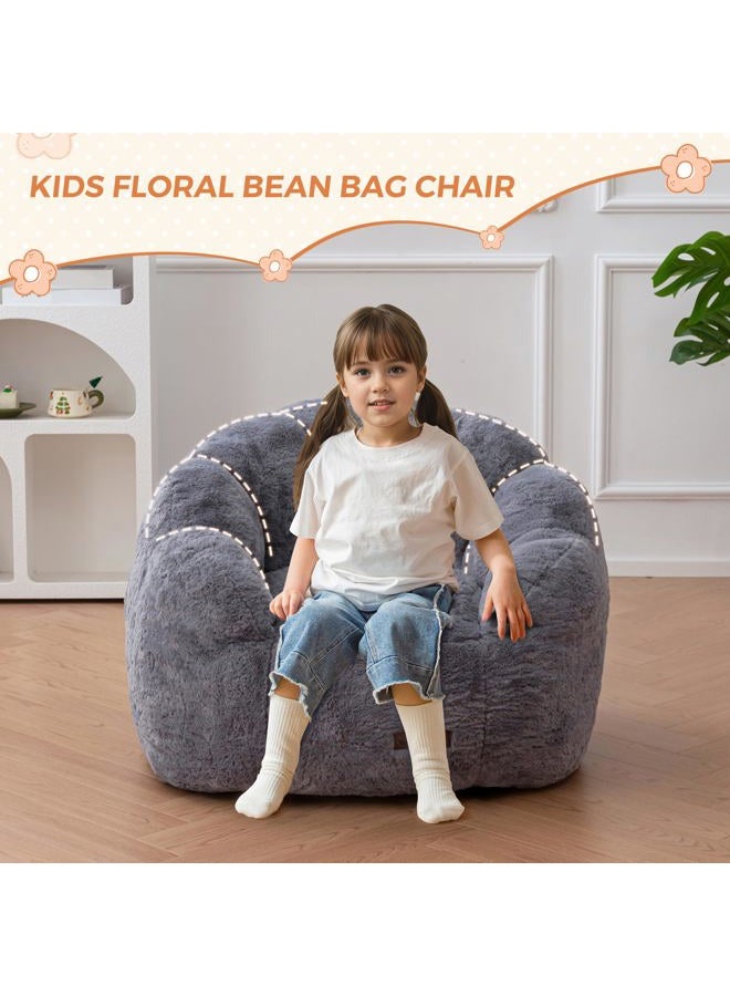 MAXYOYO Kids Bean Bag Chair, Floral Shaped Bean Bag Sofa, Plush Faux Fur Toddler Couch with Petal Backrest for Boys Girls, Stuffed Cozy Sofa for Nursery, Bedroom, Grey - Image 3