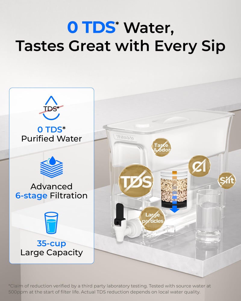 Waterdrop 0 TDS 35-Cup Slim Water Filter Dispenser, Large Capacity, Reduces TDS, Chlorine, PFOA/PFOS and More, BPA Free, White (with 1 Filter) - Image 2