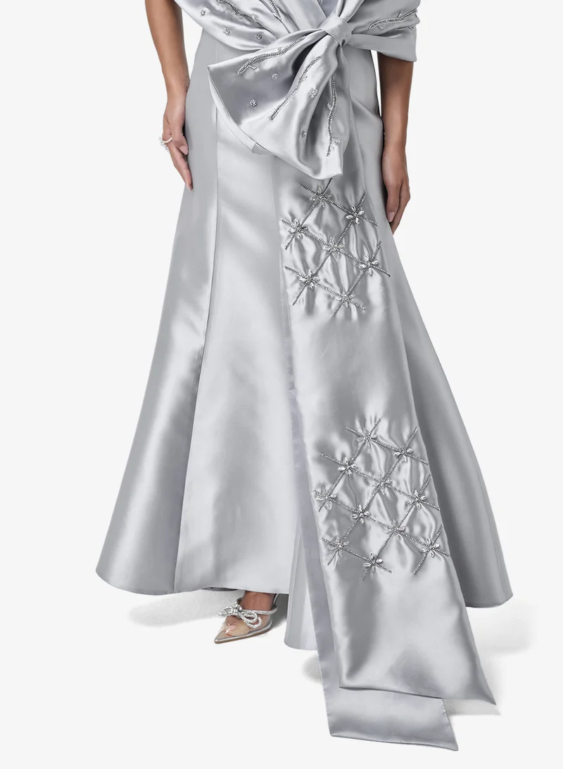 Threadz by Ajooni  Off Shoulder Maxi Dress with Oversized Bow for Women | Best Price UAE