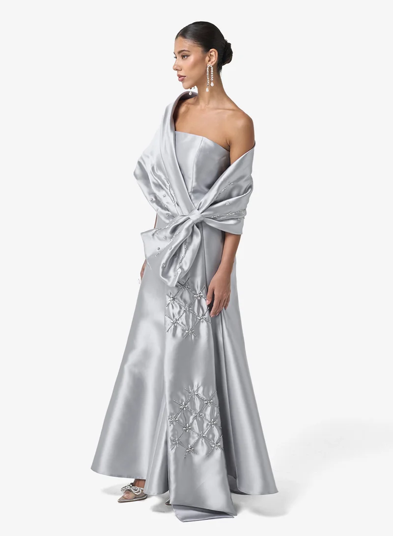 Threadz by Ajooni  Off Shoulder Maxi Dress with Oversized Bow for Women | Best Price UAE