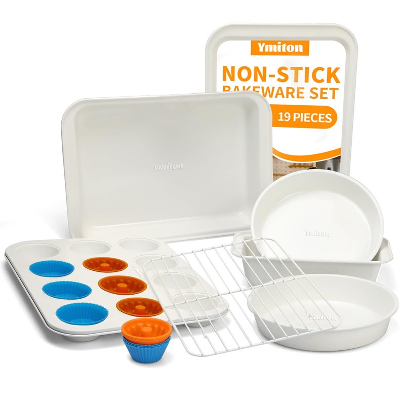 Ymiton Nonstick Baking Pans Set, 19 PCS Stackable Bakeware Sets, Oven Pan Set Includes Baking Tray, Cookie Sheet, Cake Pans, Loaf Pan, Muffin Pan, Silicone Cups - Image 1