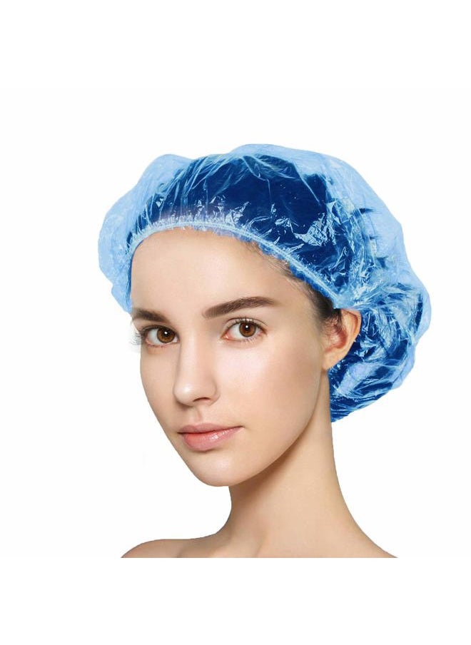 Years calm - 100+10 Shower Caps Disposable, Waterproof Plastic Bath Caps, Elastic Hair Processing Caps for Women Man Kids Girls, Hotel, Home Use (Blue) - Image 1