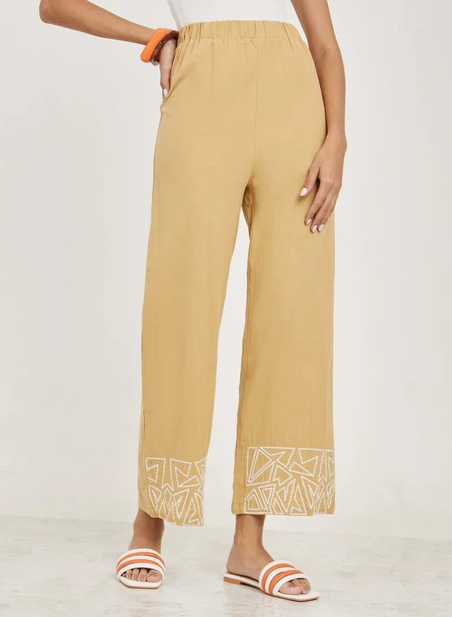 Take Two Embroidery Hem Elastic Waistband Straight Leg Pants