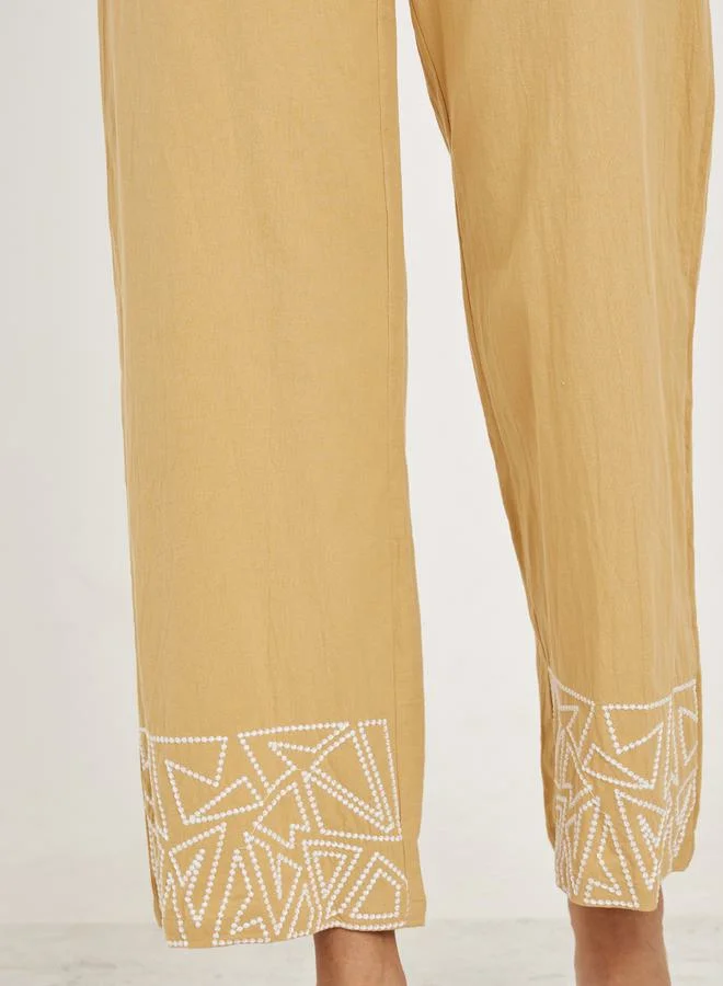 Take Two Embroidery Hem Elastic Waistband Straight Leg Pants