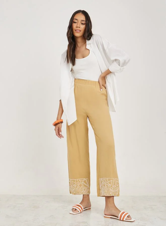 Take Two Embroidery Hem Elastic Waistband Straight Leg Pants