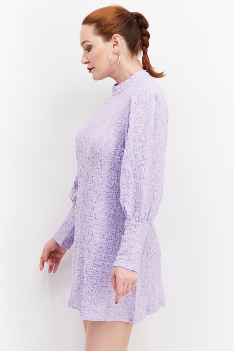 YAS Women Petite Textured Bishop Long Sleeve Mini Dress, Lilac - Image 3