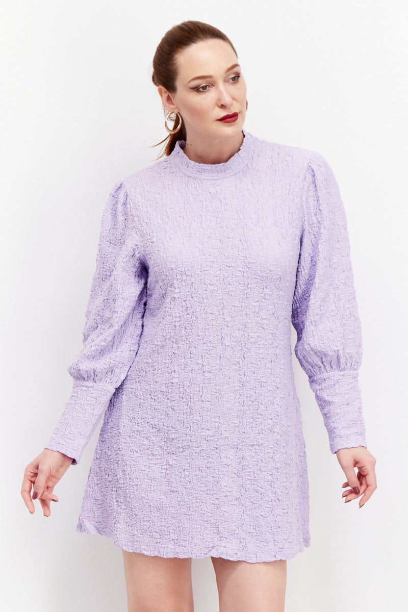 YAS Women Petite Textured Bishop Long Sleeve Mini Dress, Lilac - Image 1