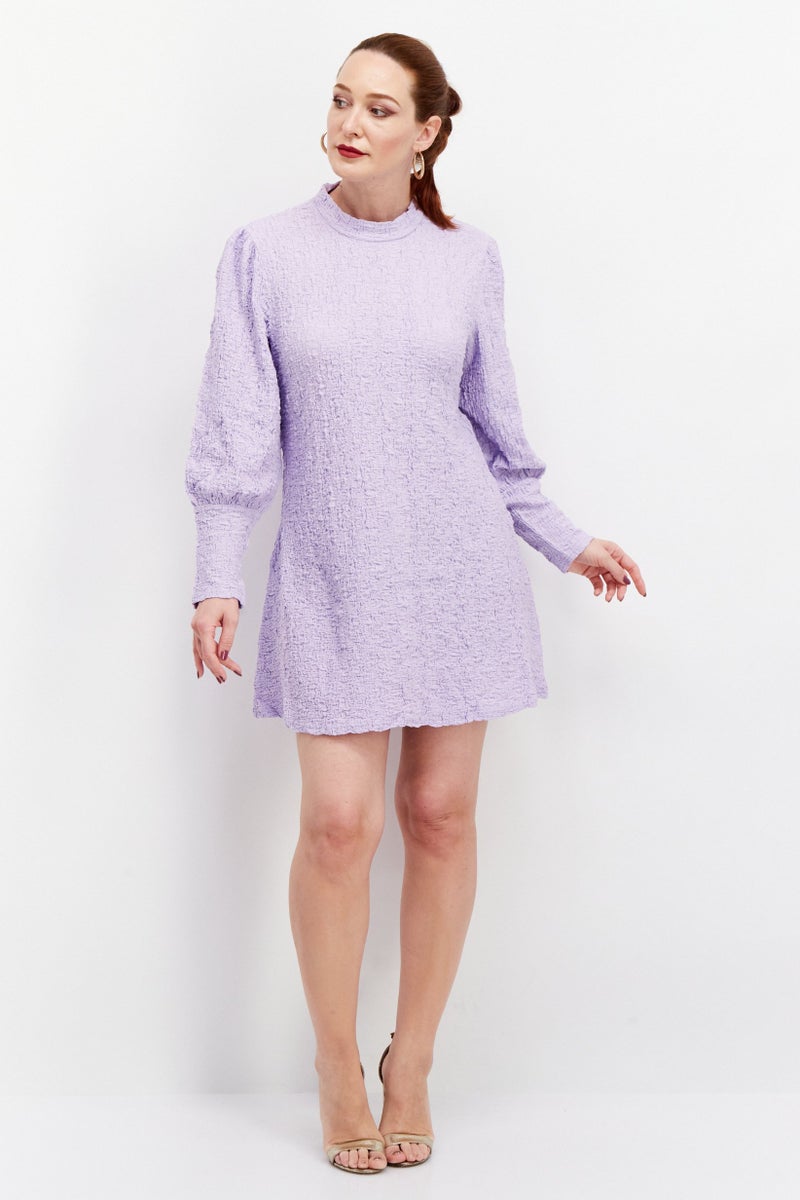 YAS Women Petite Textured Bishop Long Sleeve Mini Dress, Lilac - Image 4